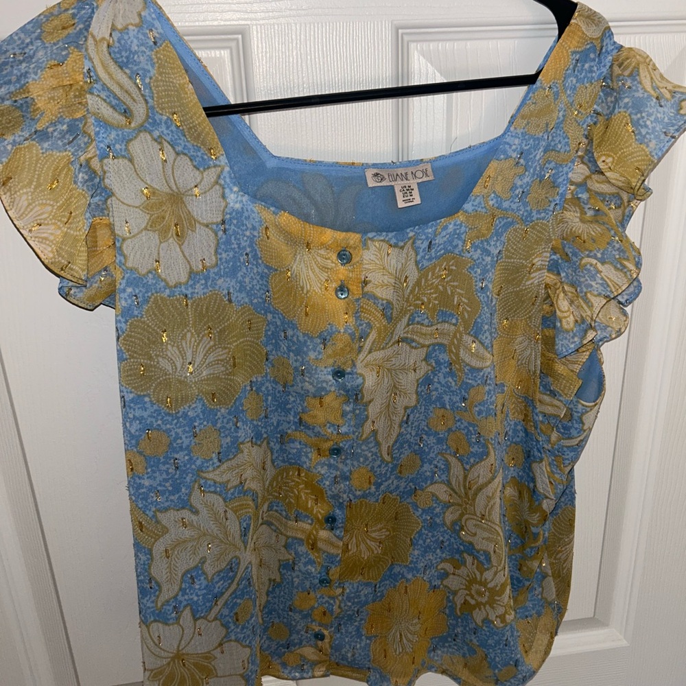 Vine & Rock Floral Ruffle Blouse in Blue and Gold